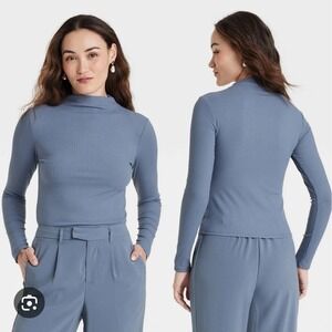 A New Day Ribbed Mock Neck Long Sleeve Top Steel Blue Sz S